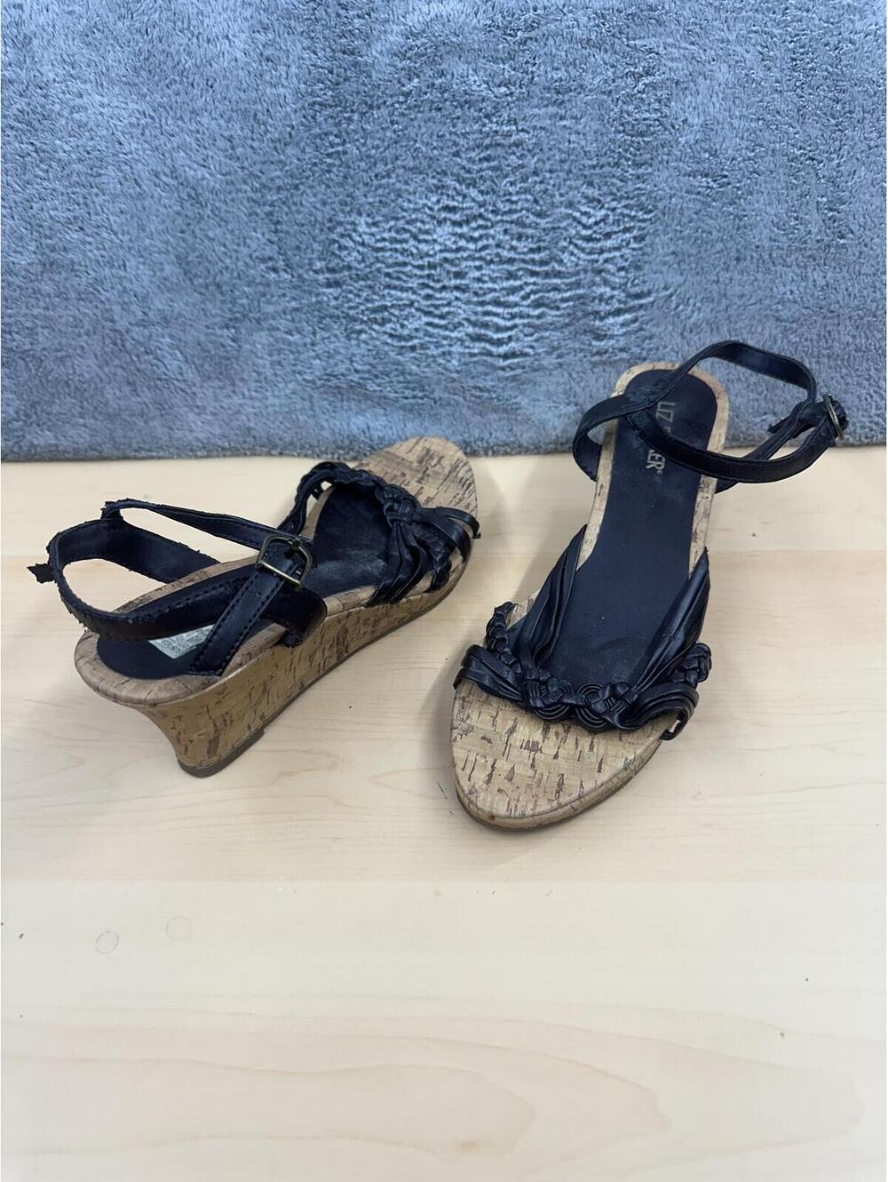 Liz Baker Black Woven Strap Cork Wedge Sandals